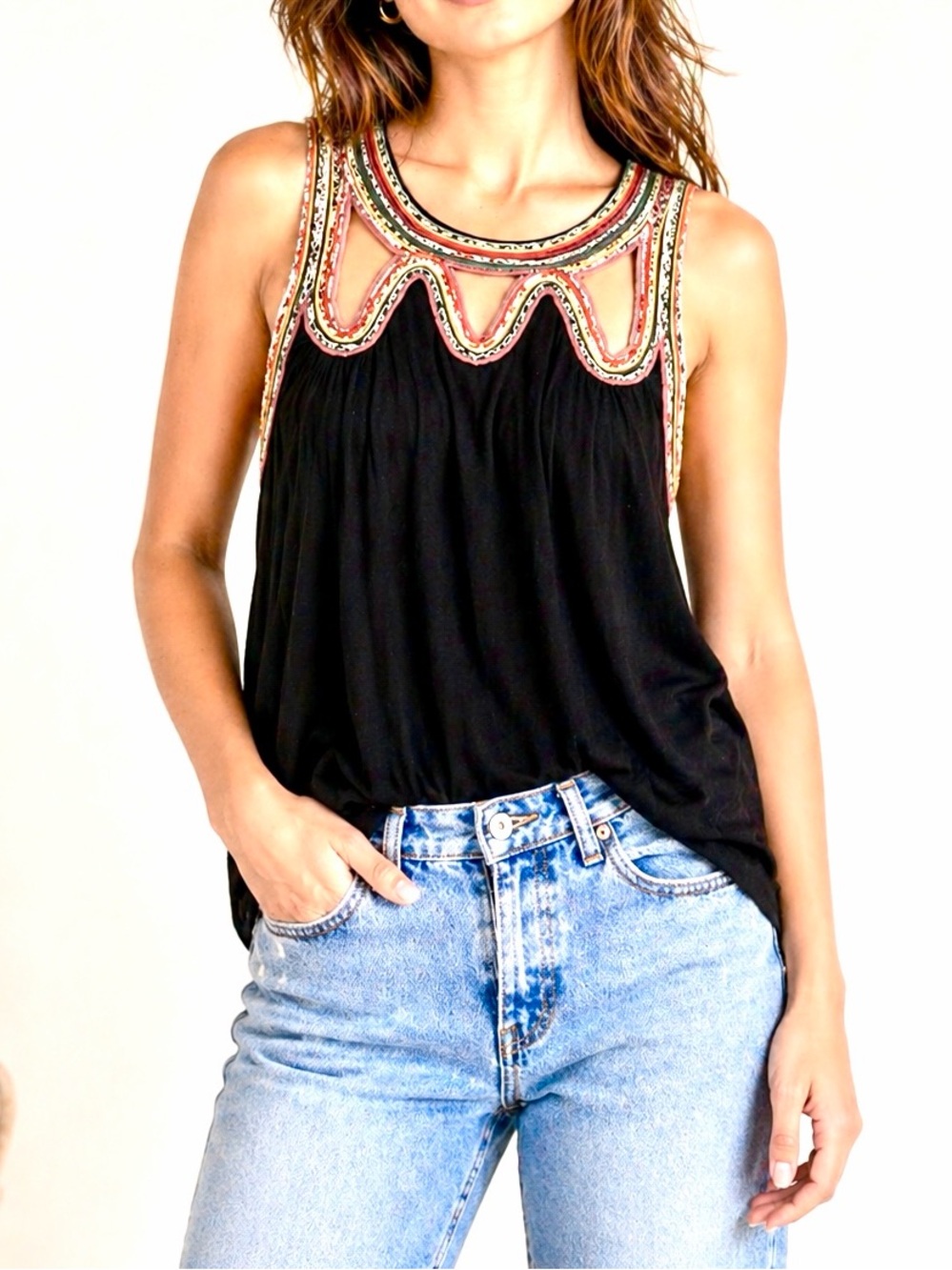 Anthropologie - C. Keer Boho Navy Tank Top Colorful Embroidery Small